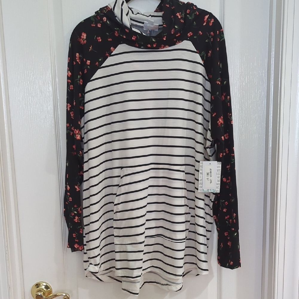 NWT Lularoe Amber 2x Striped Floral Hoodie Top W/ Kangaroo Pouch